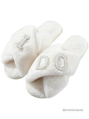 I Do Plush Open Toe Bridal Wedding Slippers Pearl Rhinestone